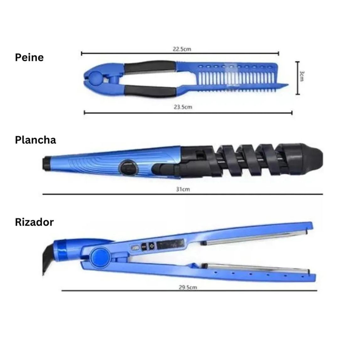 Combo Profesional Nano Titanium 3 en 1 – Plancha + Rizador + Peinilla Secadora 💇♀️🔥