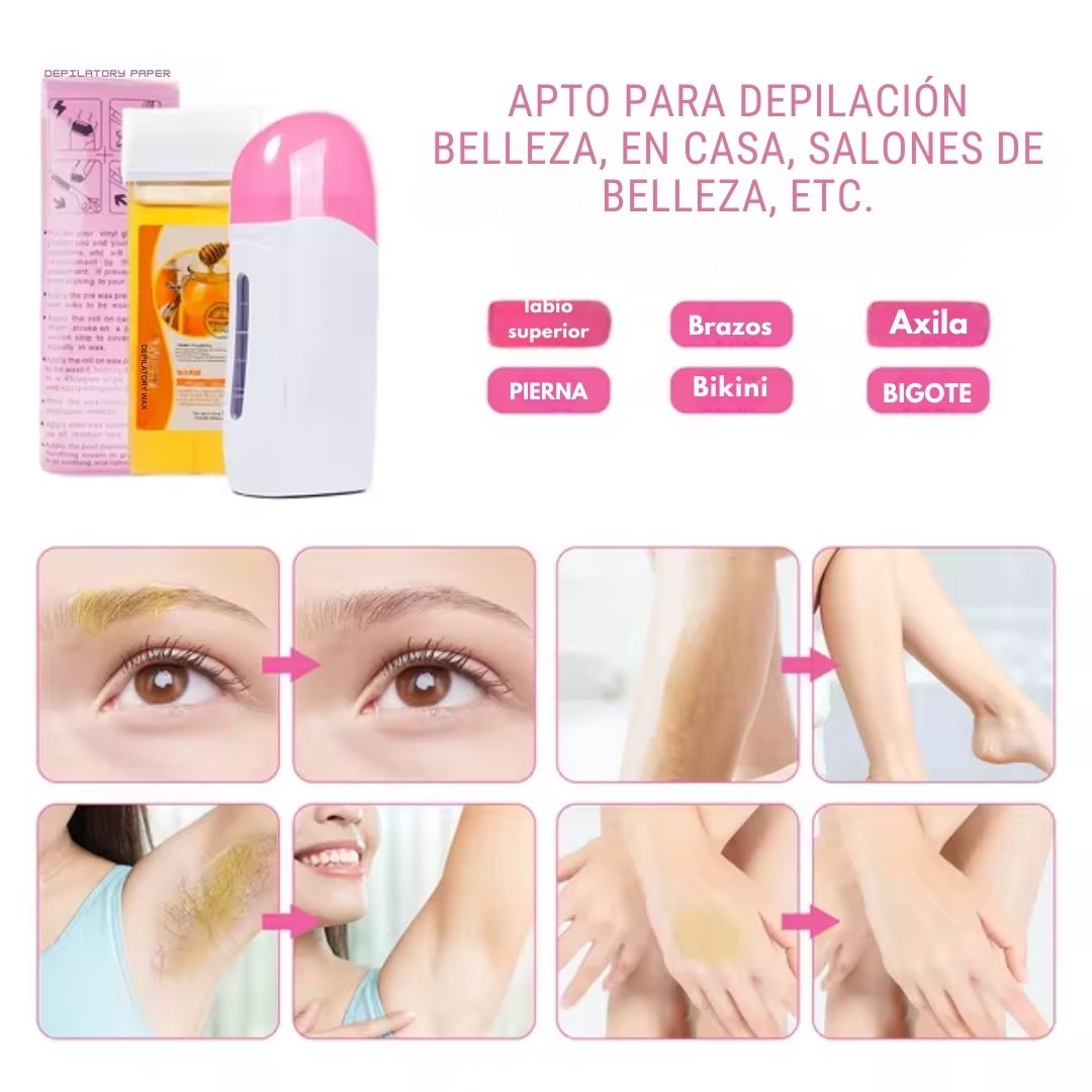Combo Kit Depilación Roll On Profesional – Calentador + Cera + Bandas x 10 🧴✨