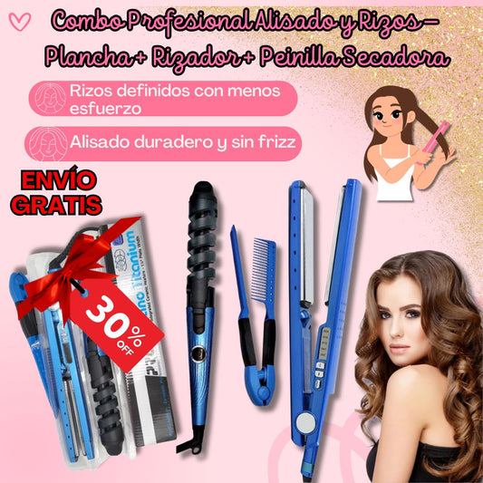 Combo Profesional Nano Titanium 3 en 1 – Plancha + Rizador + Peinilla Secadora 💇‍♀️🔥