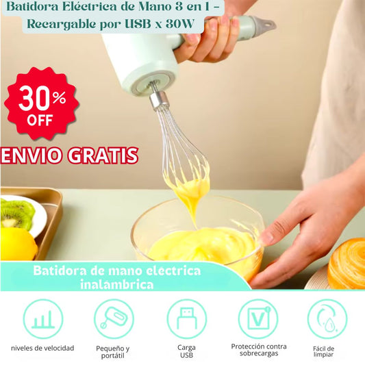 Batidora Eléctrica de Mano 3 en 1 – Recargable por USB x 30W ⚡🥄