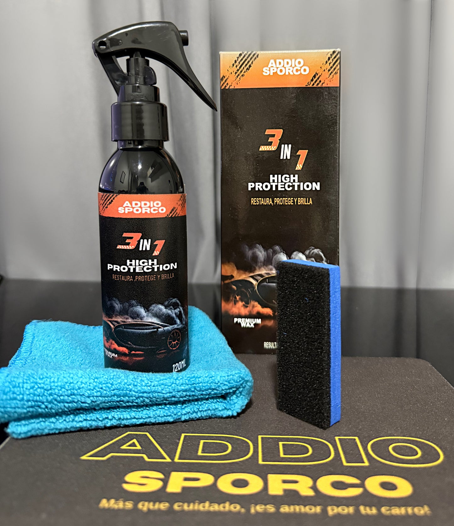 Addio Sporco™  Pague 1 Lleve 2 Combo Brillo Extremo 120 ml + Pano + Esponja – Protección Total 🚗✨