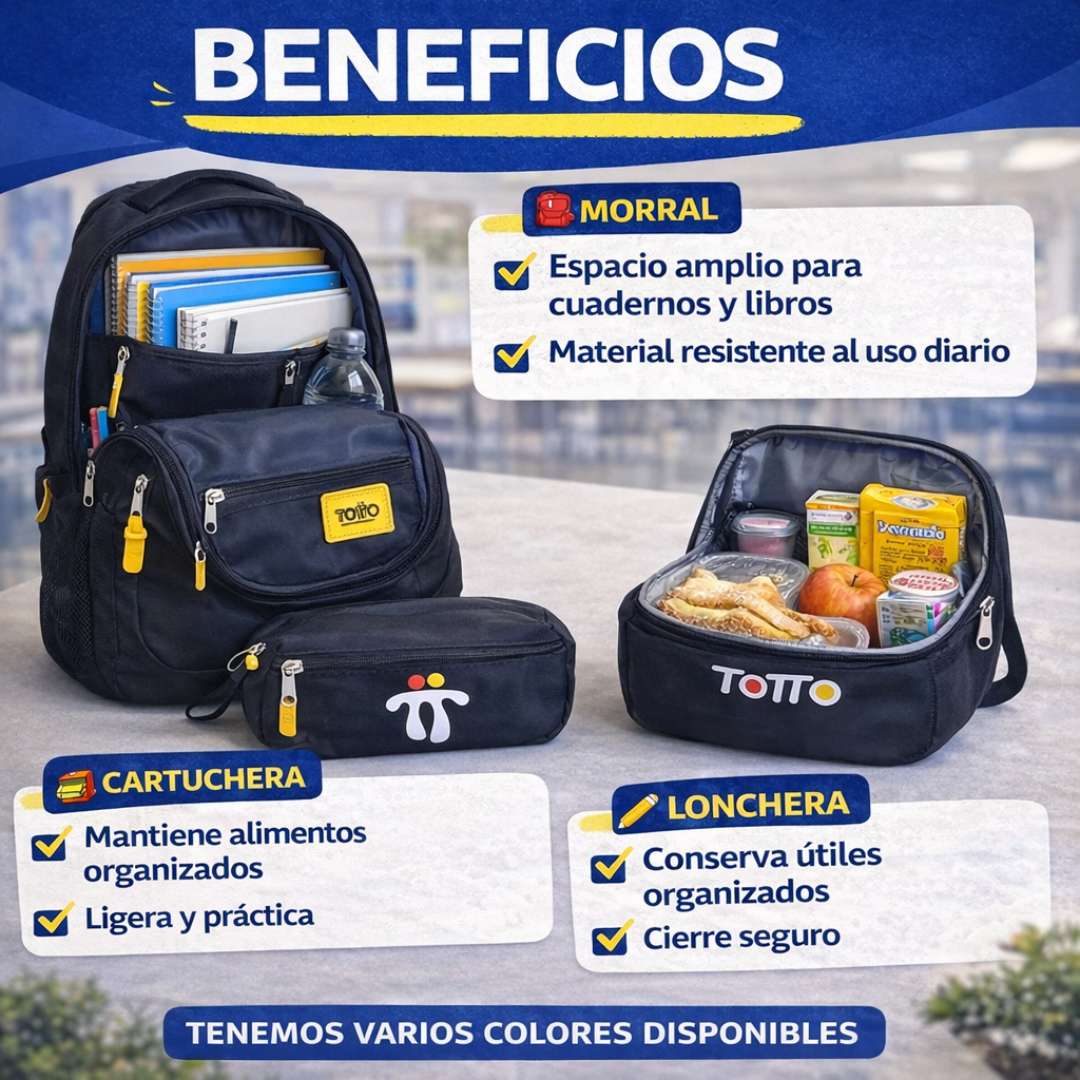 Trío Escolar Totto™ – Morral + Lonchera + Cartuchera 🎒