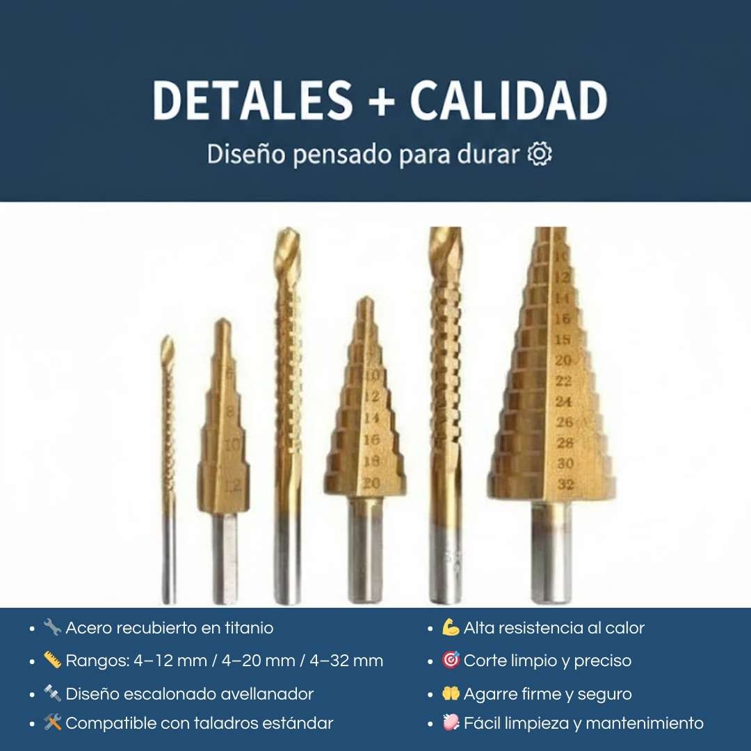 Juego Profesional de 6 Brocas Sierra Escalonada Titanio 4–32 mm 🔩