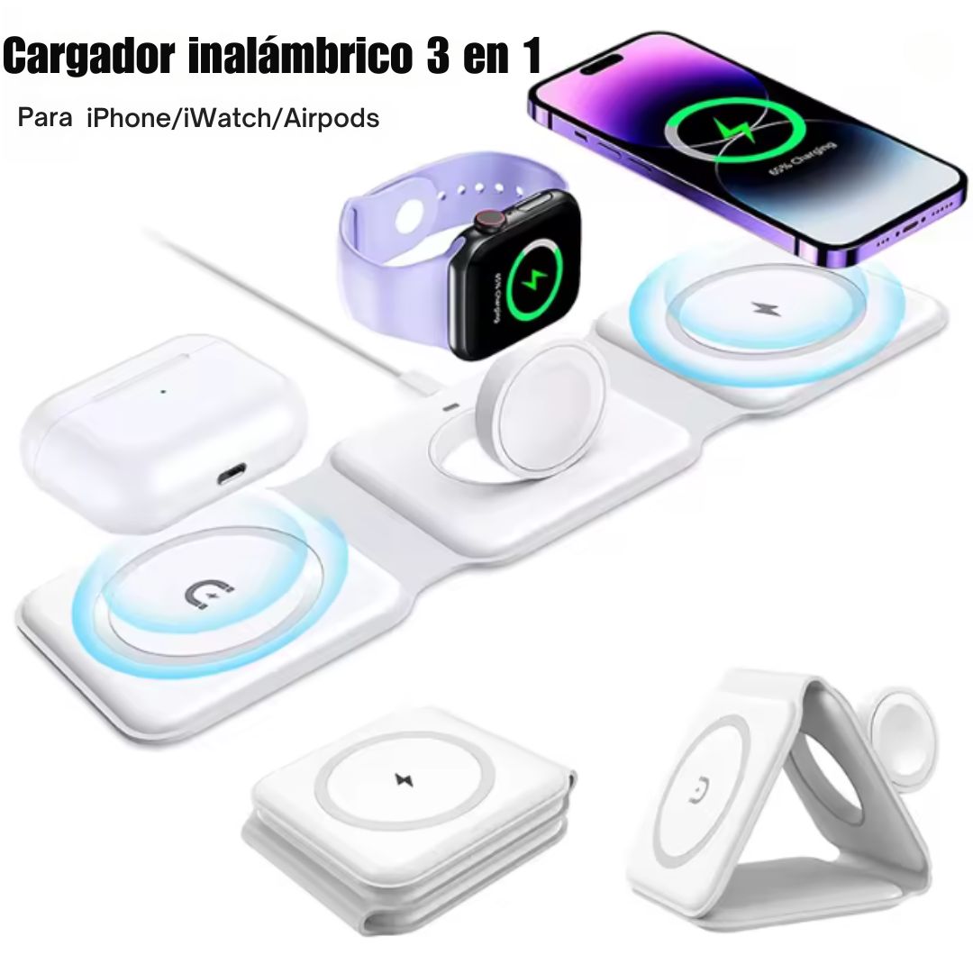 Base de Carga Inalámbrica 3 en 1 – Apple | Android – Diseño Magnético y Plegable ⚡📱