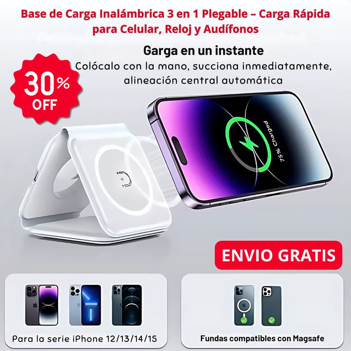 Base de Carga Inalámbrica 3 en 1 – Apple | Android – Diseño Magnético y Plegable ⚡📱