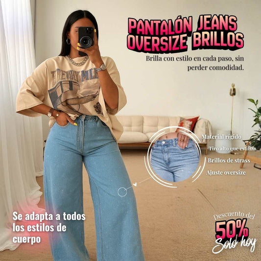 Pantalón Jeans Oversize Brillos ✨ – Tiro Alto con Strass 💎
