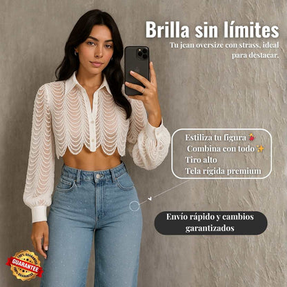 Pantalón Jeans Oversize Brillos ✨ – Tiro Alto con Strass 💎
