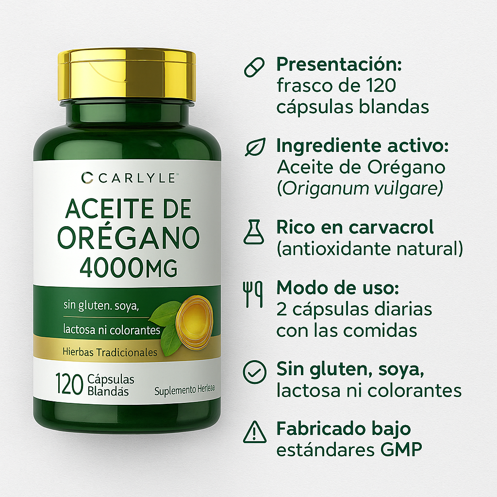 Aceite de Orégano Carlyle™ 120 cápsulas – Refuerza tus defensas 💚