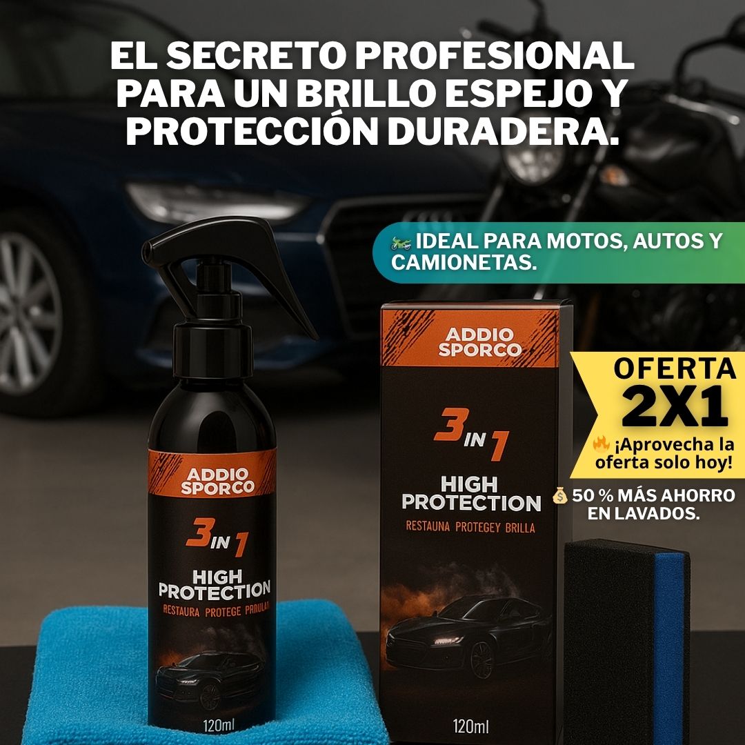 Addio Sporco™  Pague 1 Lleve 2 Combo Brillo Extremo 120 ml + Pano + Esponja – Protección Total 🚗✨